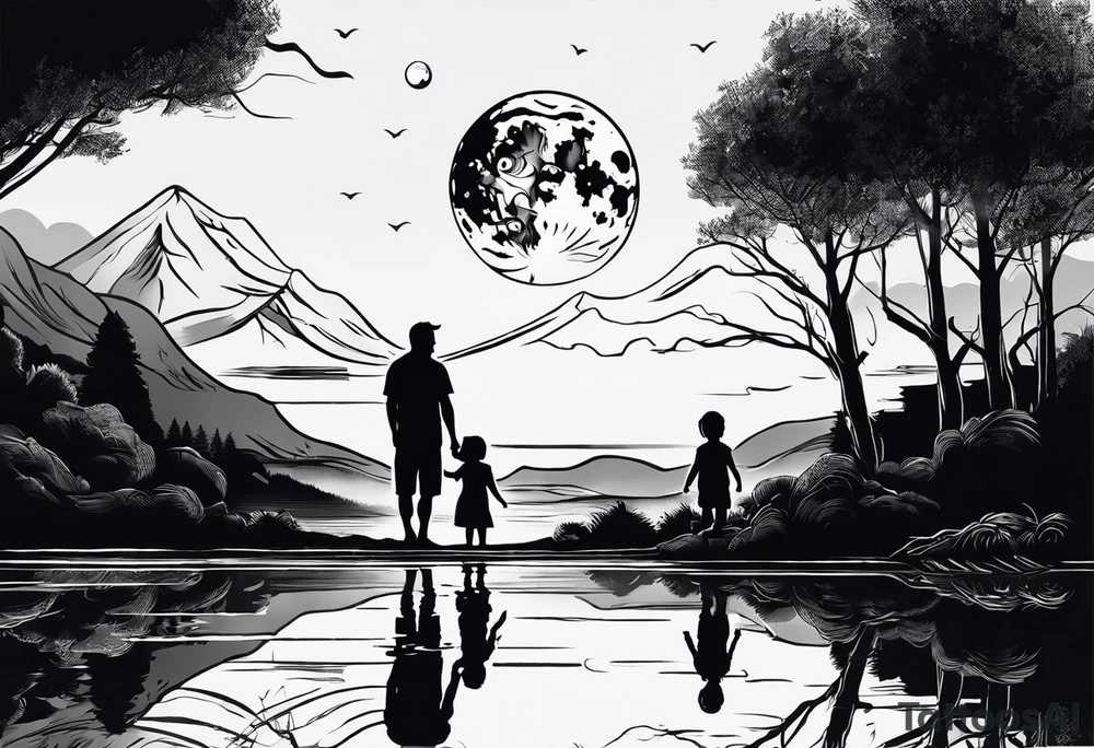 Father in between 6 year old daughter and 2 year old son. Standing in front of water with their reflection with tree beside them and mountains in the background. Moon in the sky reflecting in the water tattoo idea