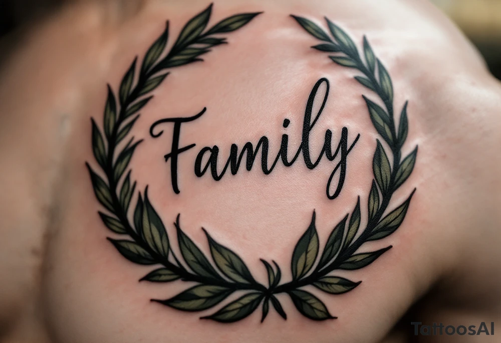 A black and gray family tattoo encircled by a laurel wreath with hints of dark olive green. tattoo idea