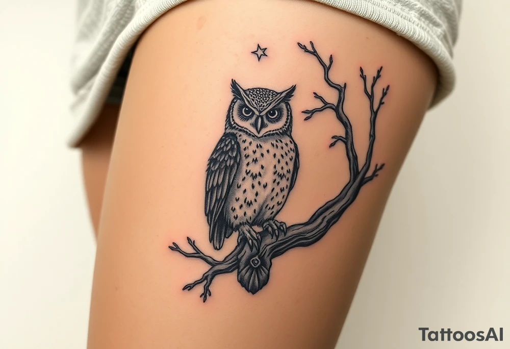 wise owl perched on ancient oak branch under starlit sky tattoo idea