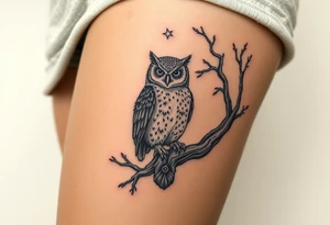 wise owl perched on ancient oak branch under starlit sky tattoo idea