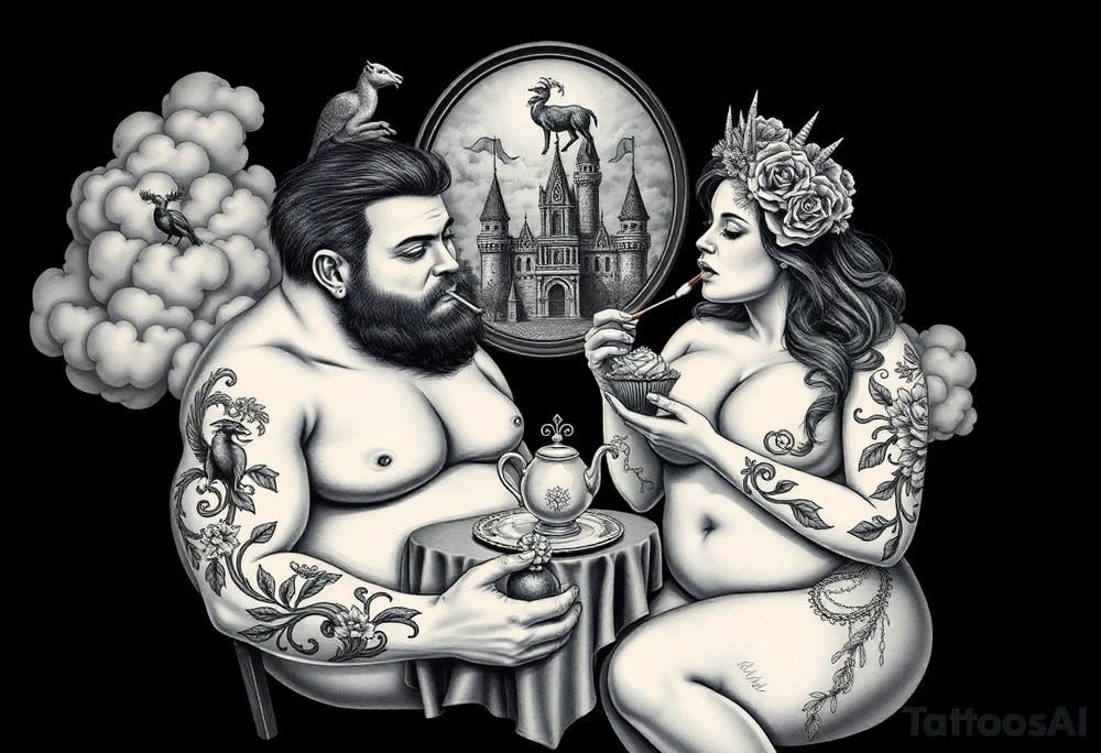 Mystical Naked Man and woman having sex eating cupcakes and  fruit  having sex clouds gothic sexy naked fat lady having a tea party with tea pot and castle 
with a pigs, peacock, noose, lion, goat, smoking cigerettes looking in the mirror thru storm clouds with razor blades and broken hearts and darkness and wrath, envy , gluttony, greed, sloth, pride kill tattoo idea