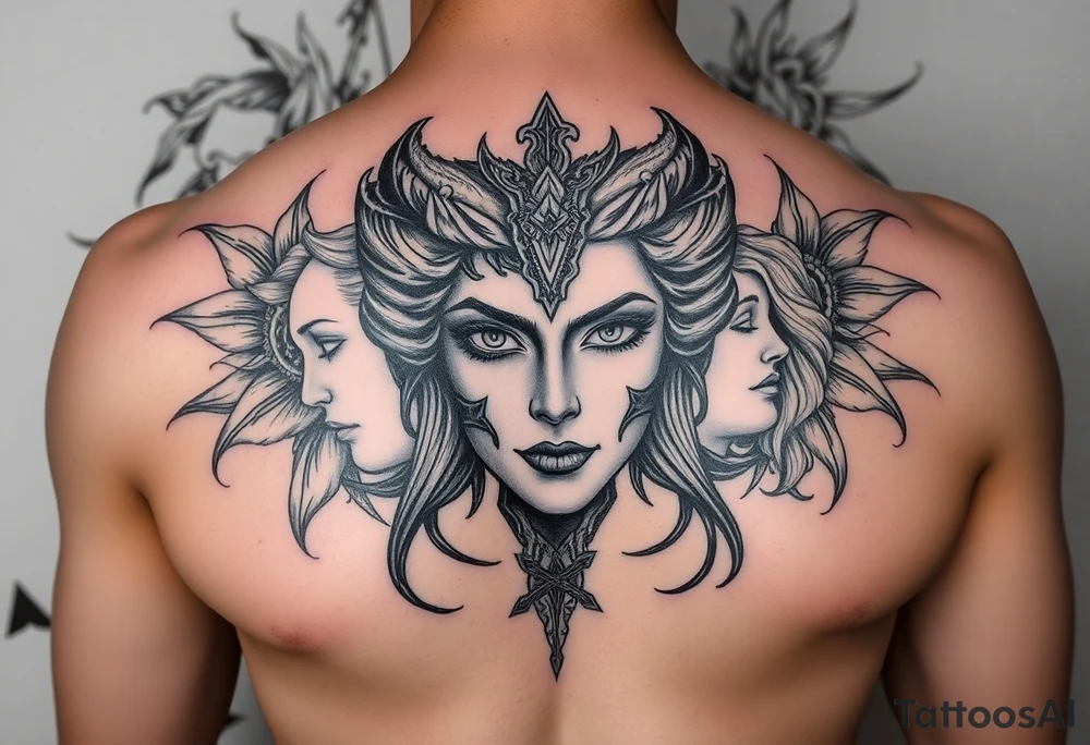 Half hades face and half persephone face middle pf the chest going all the way to both shoulders with background related tattoo idea