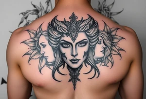 Half hades face and half persephone face middle pf the chest going all the way to both shoulders with background related tattoo idea
