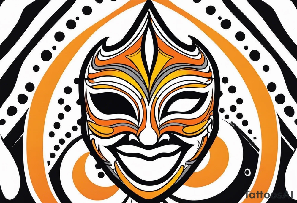 Laughing Male masquerade mask with orange and black circles tattoo idea