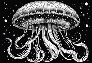 Stars, nebulas, and galaxys are inside a long slender jellyfish tattoo idea