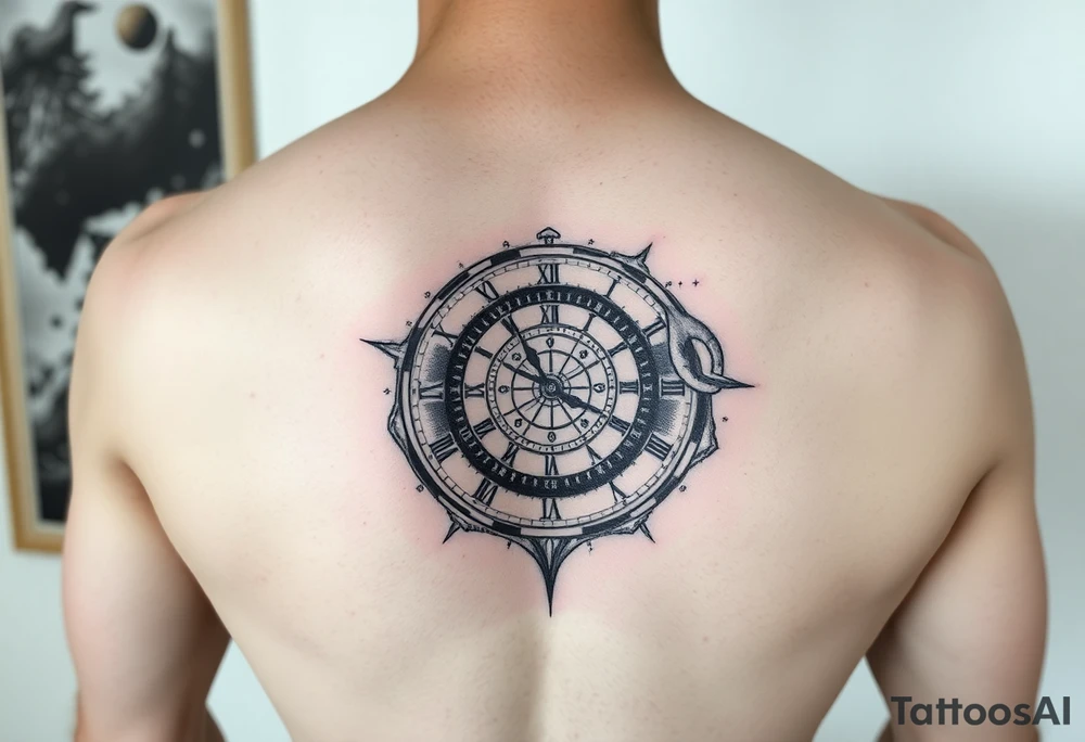 Chest and short-sleve universe themed spiral clock tattoo idea
