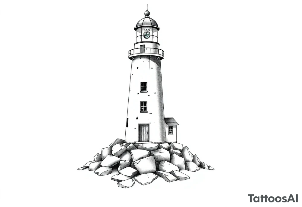 a whole lighthouse with a coat of arms incorporated into the roof without stones on the ground tattoo idea