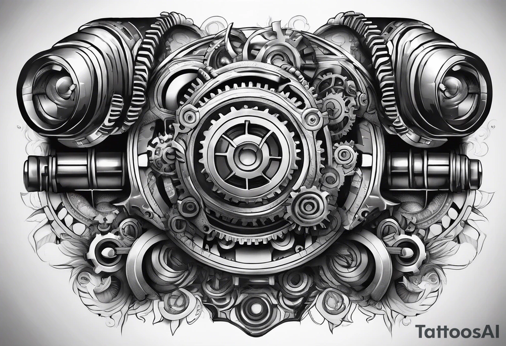 a cyborg armsleeve with gears and pistons and springs tattoo idea