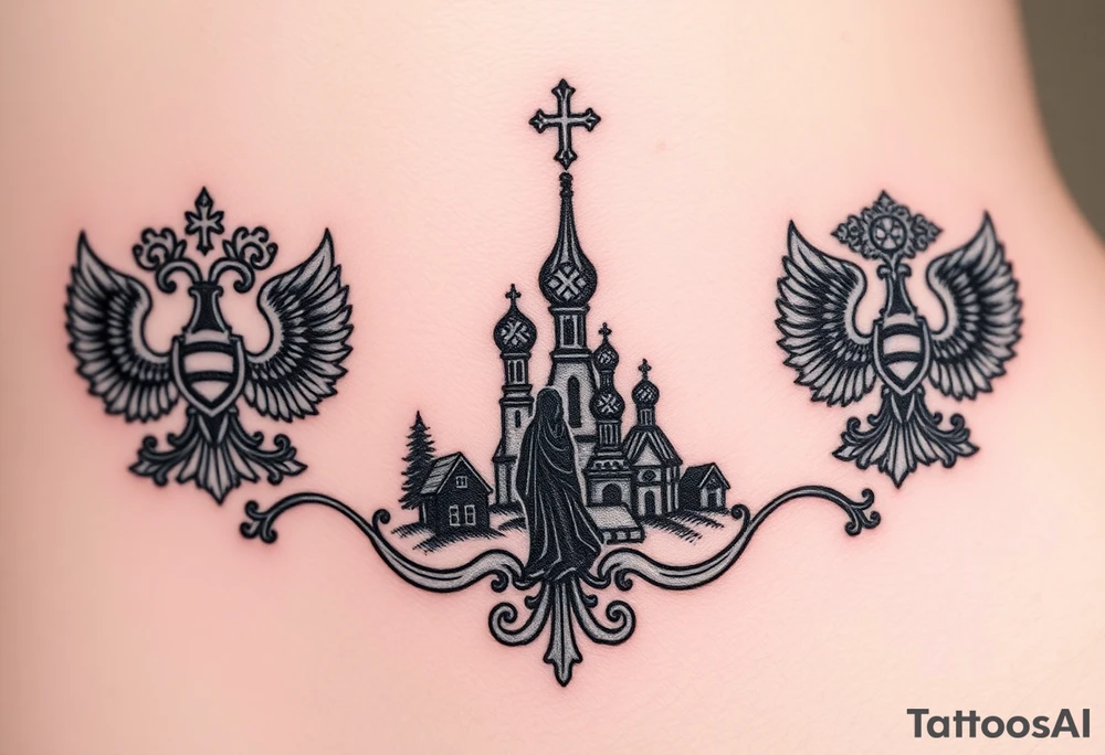 Traditional authentic Russian coat of arms with a Christian orthodox virgin marry in the middle and silhouette in a Russian wilderness Christian orthodoxy dome church village setting tattoo idea