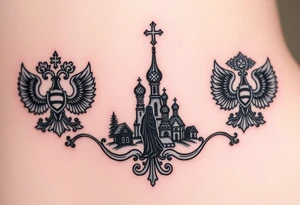 Traditional authentic Russian coat of arms with a Christian orthodox virgin marry in the middle and silhouette in a Russian wilderness Christian orthodoxy dome church village setting tattoo idea
