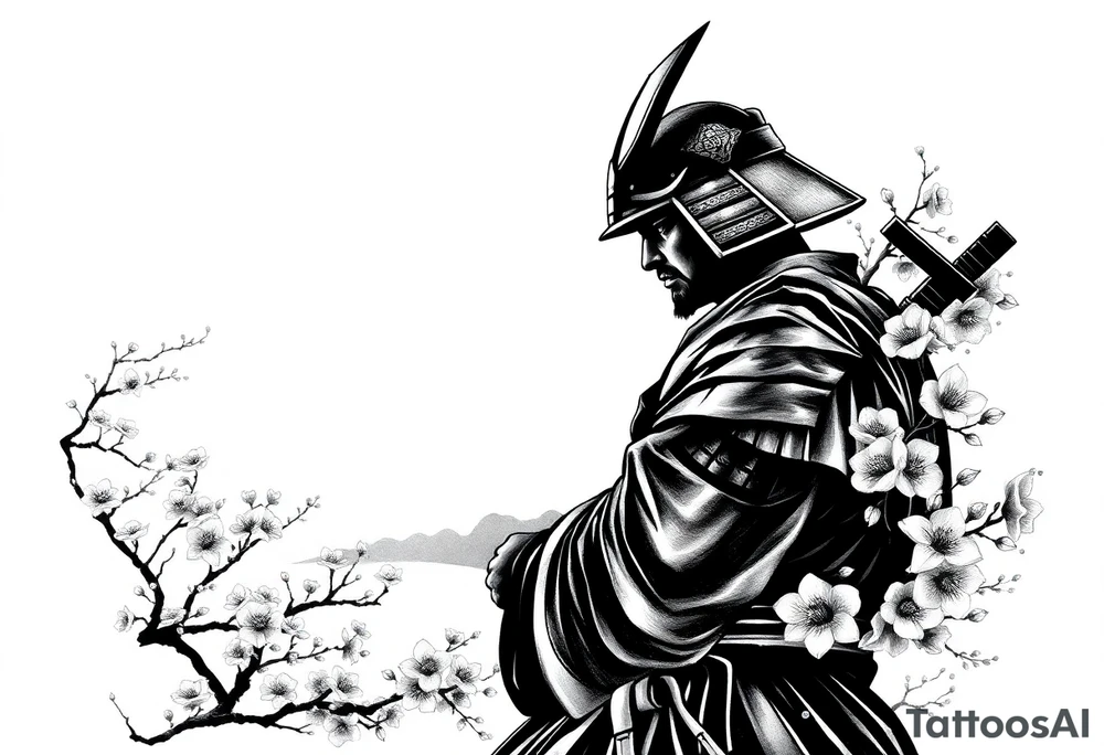 noble samurai warrior silhouette at sunset with cherry blossoms tattoo idea