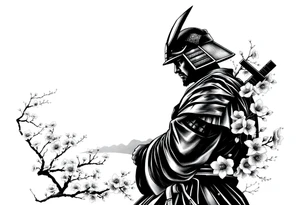 noble samurai warrior silhouette at sunset with cherry blossoms tattoo idea