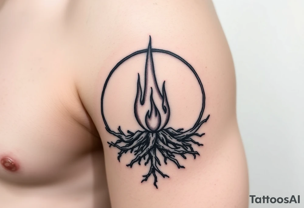 a flame imprisoned in roots circle tattoo idea