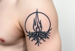 a flame imprisoned in roots circle tattoo idea