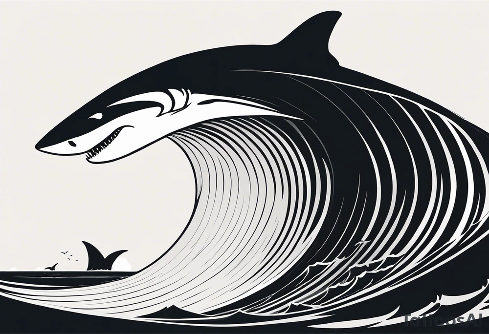 Black and white silhouette illustration of a massive shark tail sticking up through the sea. The shark is swimming near the surface, creating a large wave. The tail is bold and dramatic, with sharp, clean lines to emphasize its size and power. The background features a serene sky with a few simple cloud shapes, providing a calm contrast to the intensity of the shark's presence in the water. tattoo idea