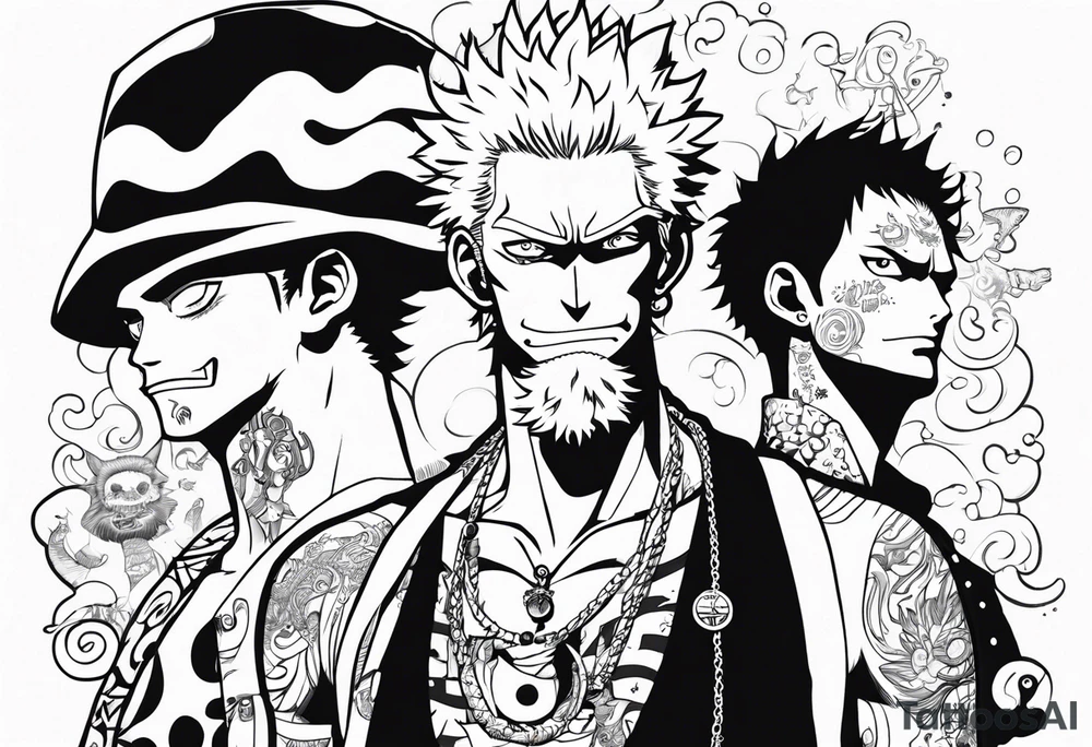 draw me a not so big tattoo with the distinctive signs of these one piece characters: Doflamingo, Luffy and Trafalgar Law tattoo idea