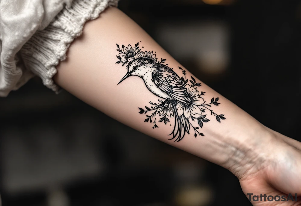 Decending bird with floral tattoo idea