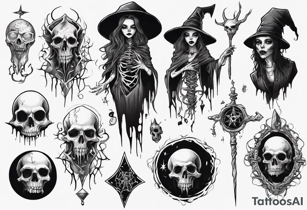 a Tim Burton-style witch necromancer tattoo idea