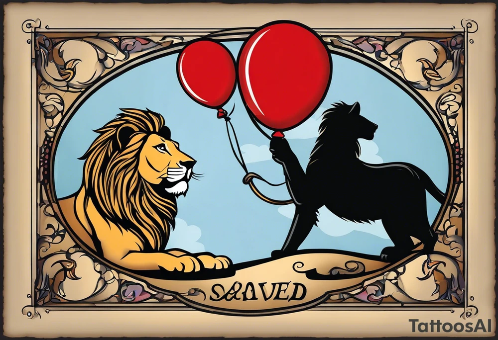 tattoo design should be in the layout of the famouse picture"small princ"  where it should remind me that I survived,and my life was saved by my husband, and he should be represented in the tattoo as a young lion holding a balloon held in the muzzle.
The baloon which is red and in Hearth shape. The whole body of lion should be visible and more abstract not so realistic.The lion is holding the string of the baloon in the muzzle. The string from the balloon should have a heartbeat pulse.The baloon should be red colored, and the rest of the image should be black only. tattoo idea