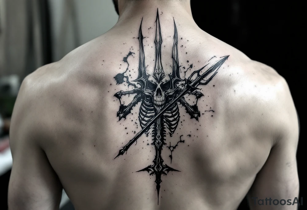 skeleton behind trident tattoo idea