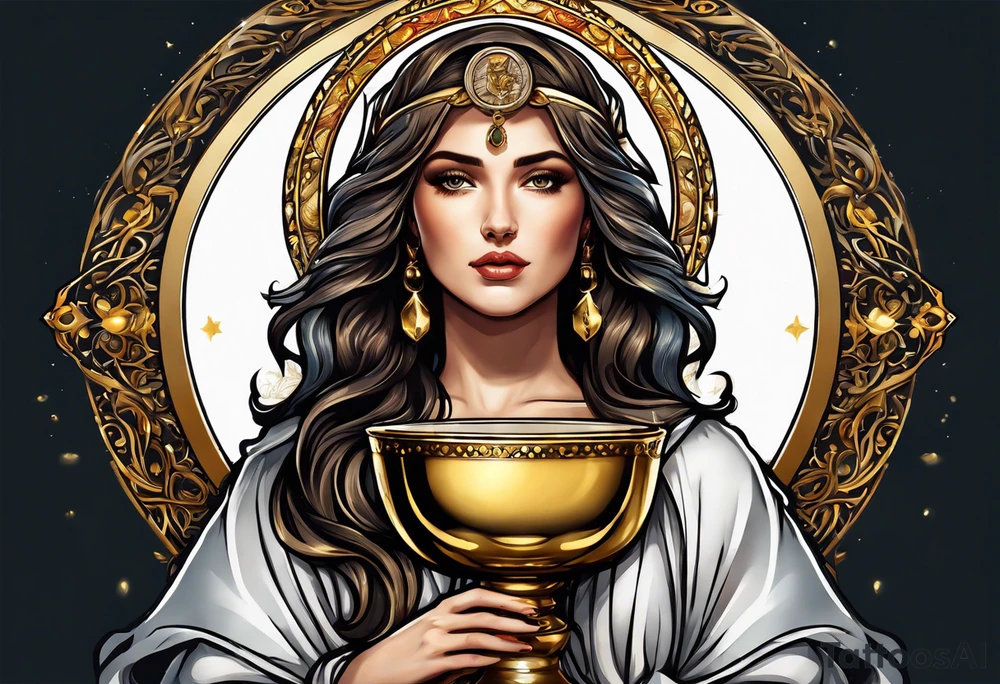 woman saint holding chalice surrounded by golden halo tattoo idea