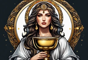 woman saint holding chalice surrounded by golden halo tattoo idea
