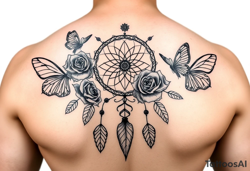 Beautiful Dreamcatcher roses and butterflies tattoo idea