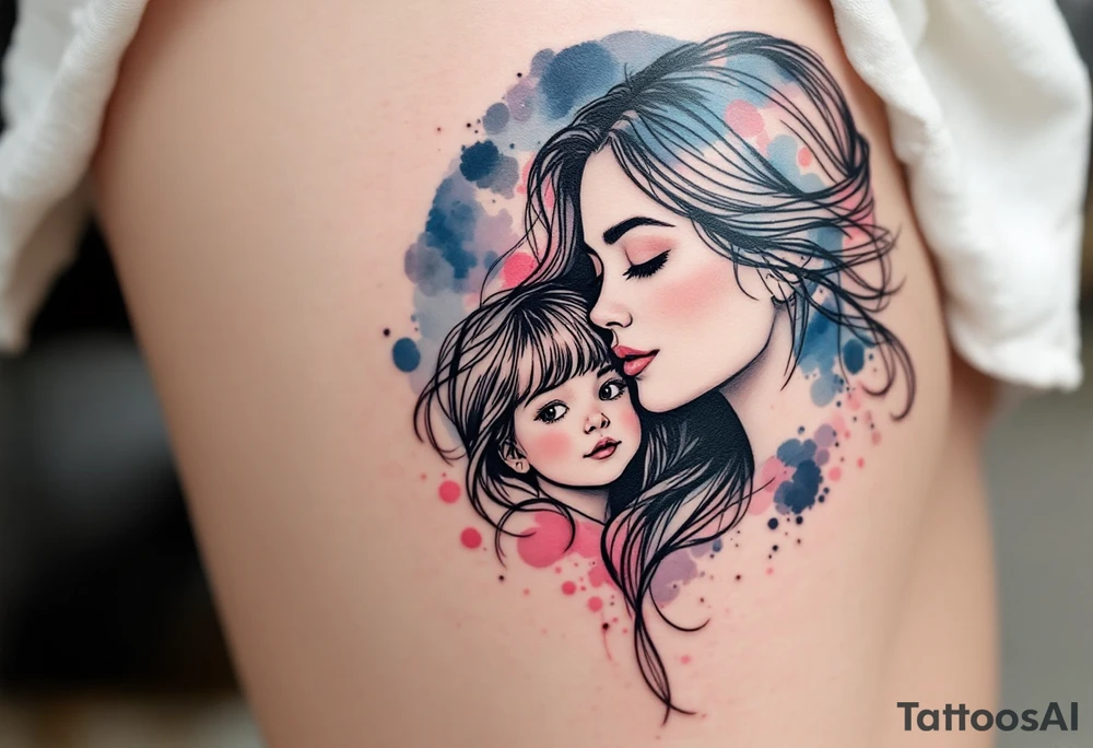 A black line-art portrait of a mom and daughter with flowing hair blending into watercolor shades of blue and pink. tattoo idea