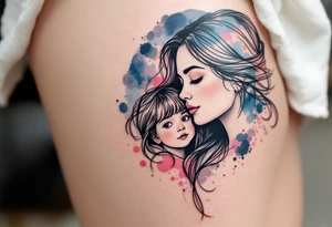 A black line-art portrait of a mom and daughter with flowing hair blending into watercolor shades of blue and pink. tattoo idea