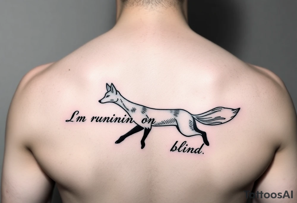 Lyrics to Jackson brownes runnin on empty. “Runnin on empty, runnin blind” with an outline sketch of a running fox separates the set of lyrics tattoo idea