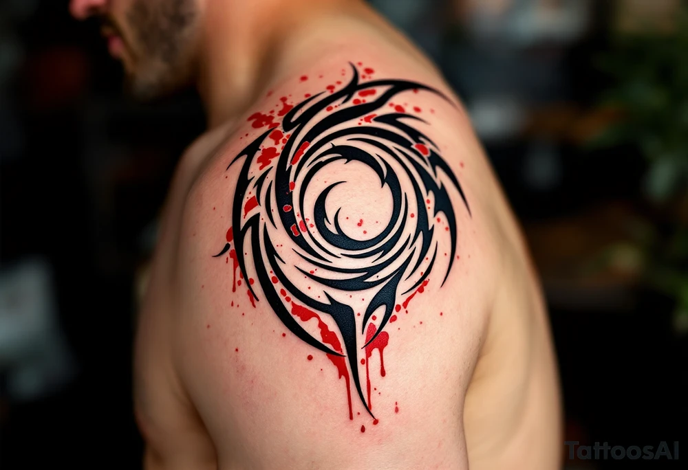 A tribal black spiral with bold, sharp edges, filled with hints of blood red. tattoo idea