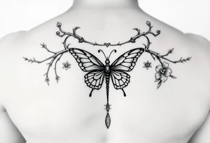 Gargona with a butterfly necklace and branches with thorns and flowers on the sides tattoo idea