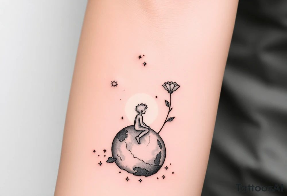 A reinterpretation of The Little Prince sitting alone on his tiny planet (B-612), under a sparse starry sky with broken constellations. A cracked, melting clock floats behind him, representing time and anxiety. Instead of his rose, there’s a half-bloomed flower with soft thorns—symbolizing fragile love. A warm light glows from his chest, shaped like a star or heart, representing deep inner strength and love. Around him, small scattered puzzle pieces or geometric fragments hint at attention to detail and a complex inner world. Style: fine line with soft shading, subtle surrealist elements. tattoo idea
