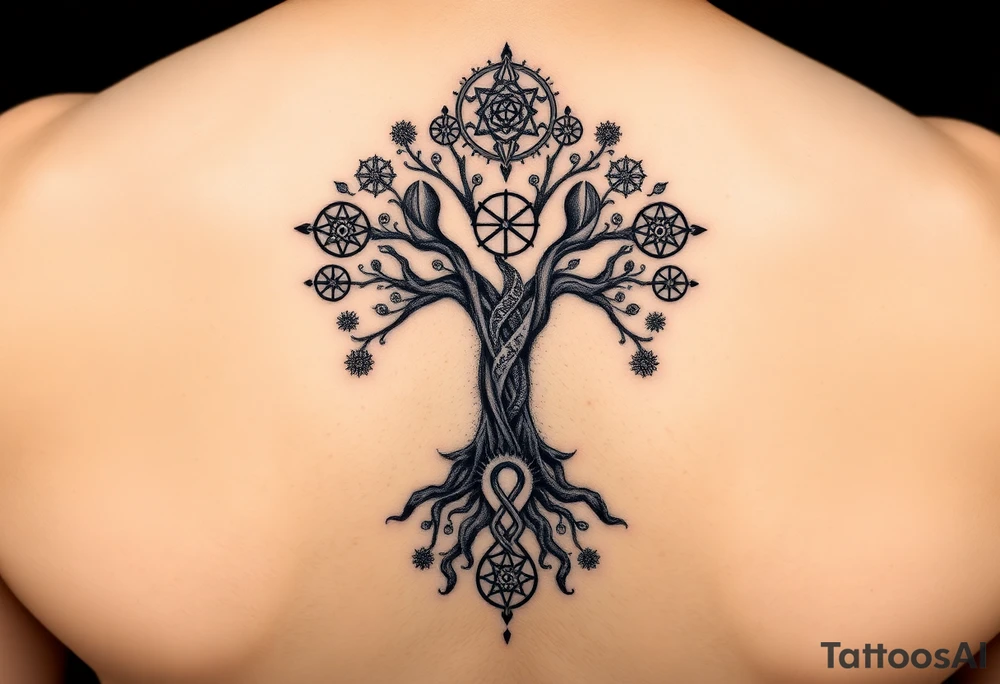geometrical mystical tree of life with cosmic roots and celestial symbols branches with HIV-positive symbol tattoo idea