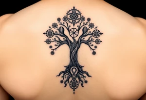 geometrical mystical tree of life with cosmic roots and celestial symbols branches with HIV-positive symbol tattoo idea