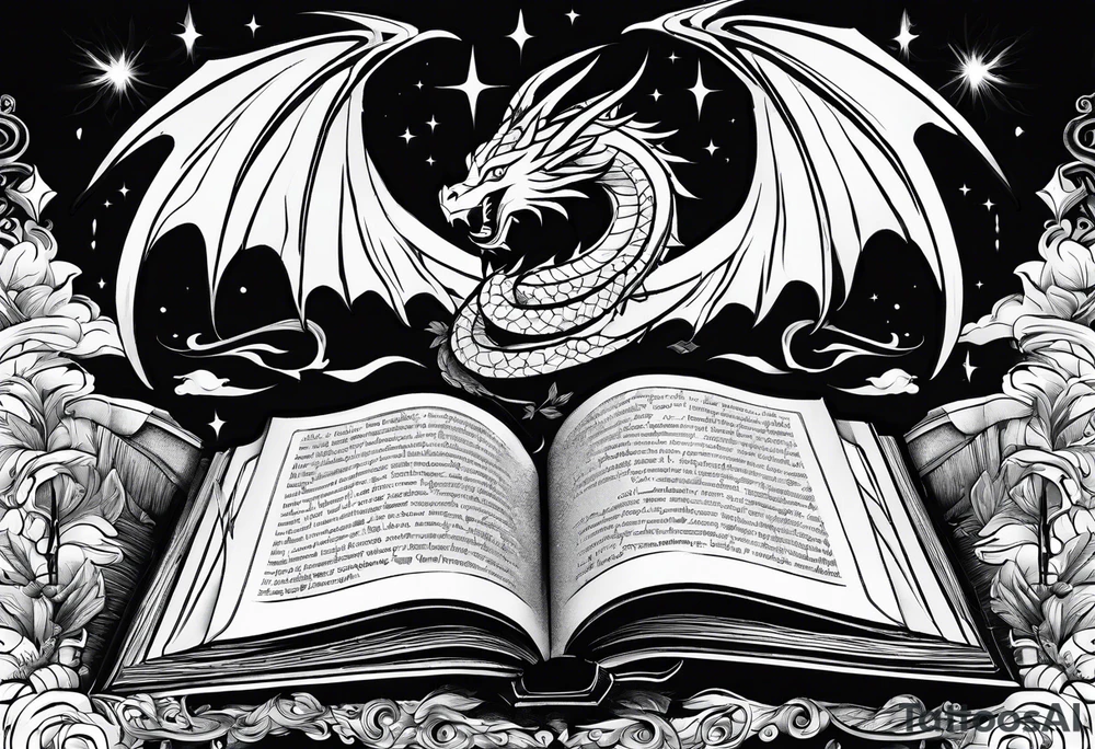 an empty open book with a sword through it, dragonwings and sparks surrounding the book. tattoo idea