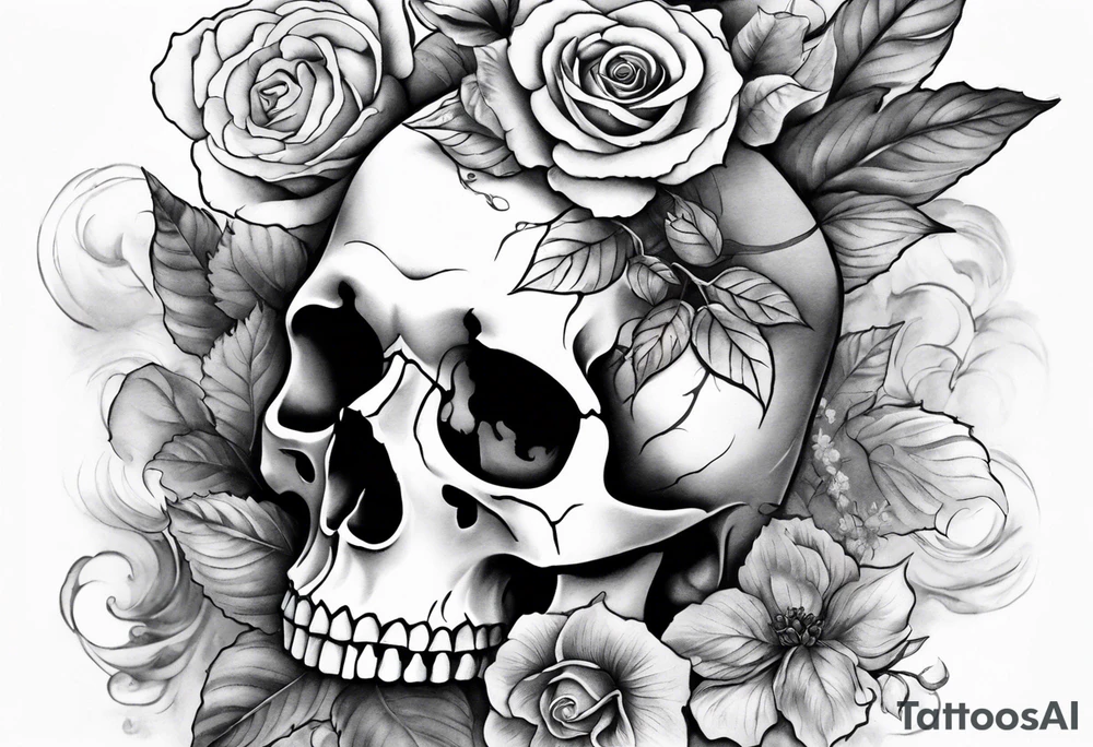 Front knee tattoo with fall colors, small flowers, rose, devil skull, leaves, blue water flows with washes and background tattoo idea