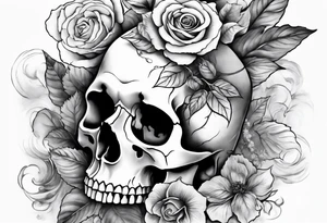 Front knee tattoo with fall colors, small flowers, rose, devil skull, leaves, blue water flows with washes and background tattoo idea