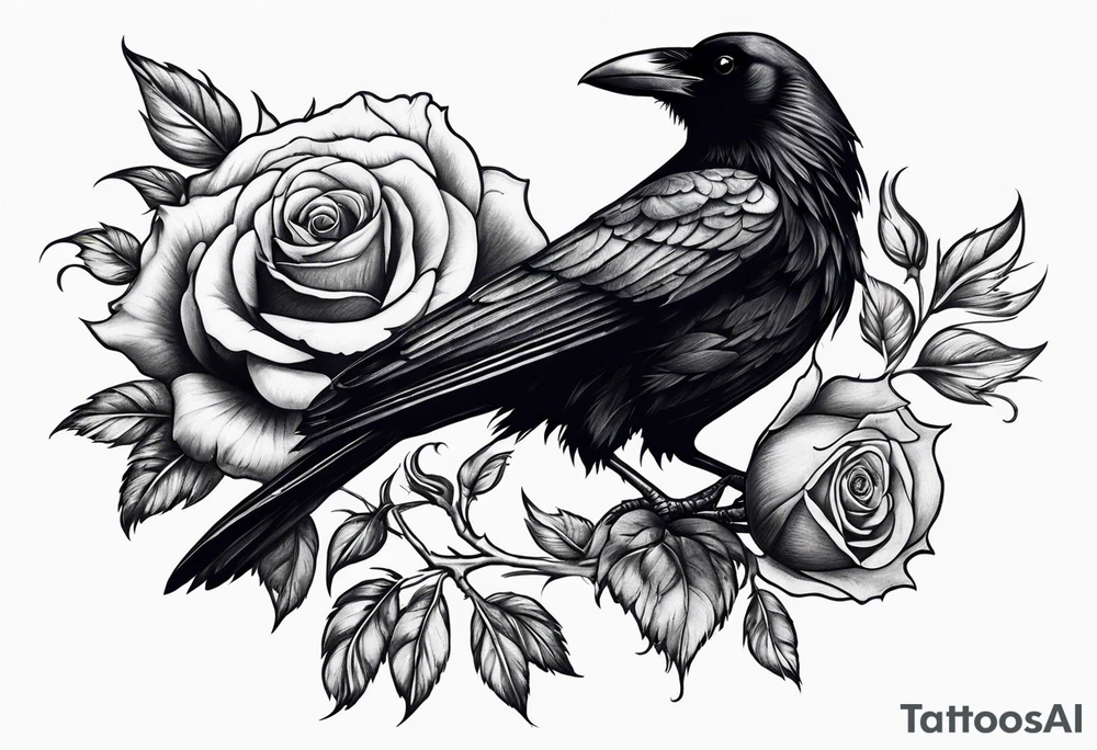 Raven looking back over shoulder with a rose underneath it tattoo idea