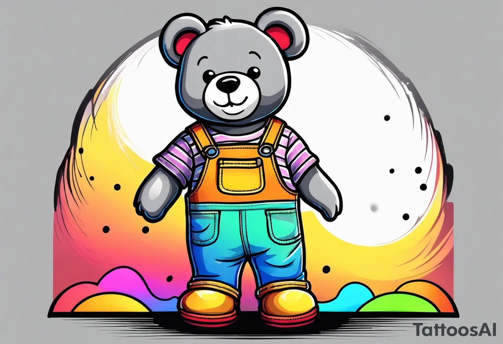 the back image of a grey teddy bear standing in rainbow overalls, white tank top, striped boots and holding his left arm up to hold a hand tattoo idea