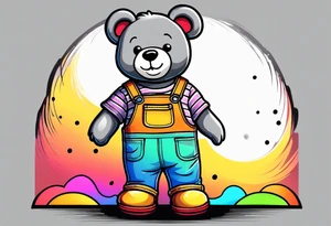 the back image of a grey teddy bear standing in rainbow overalls, white tank top, striped boots and holding his left arm up to hold a hand tattoo idea