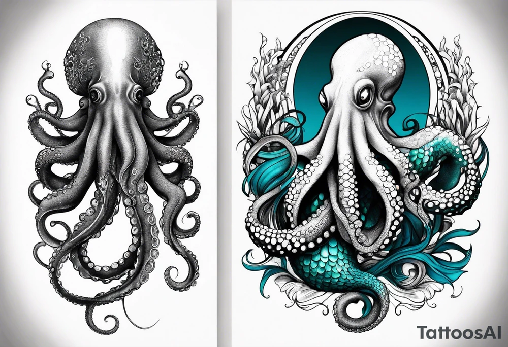 Lower leg sleeve. Large blue ring octopus holding mermaid tattoo idea