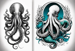 Lower leg sleeve. Large blue ring octopus holding mermaid tattoo idea