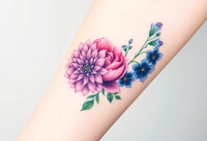 Purple Chrysanthemum, pink Peony, and dark blue Larkspur bouquet  with blood tattoo idea