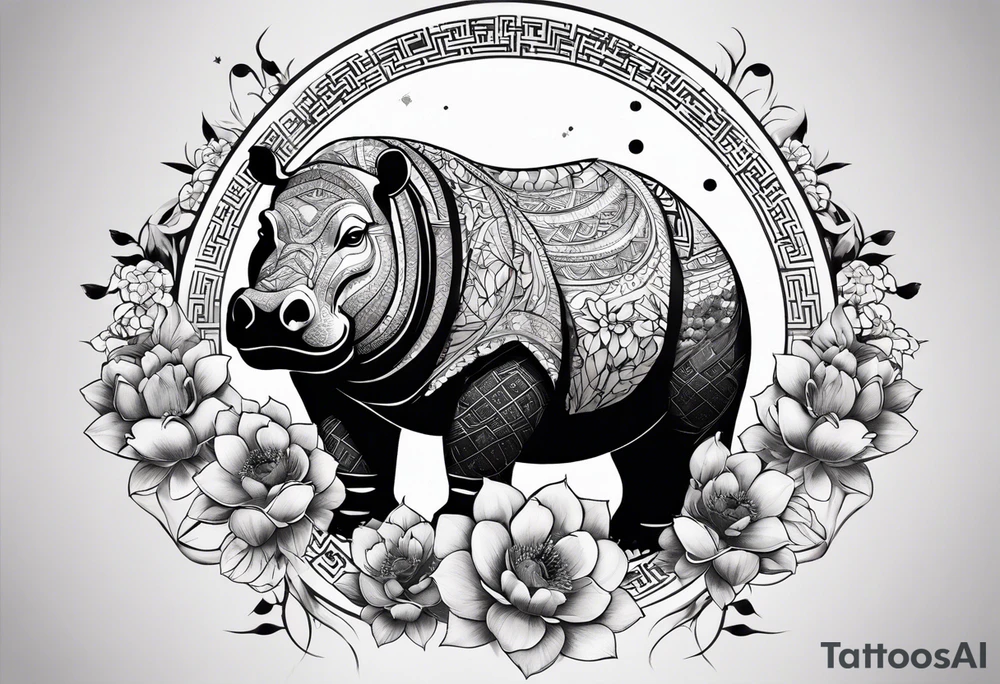 Very asymmetrical, +geometric pattern, with realistic full moon, with serious looking hippo, +zen feel, + Buddhism touch, +tribal, +geometric, +chinese inkart 
with wintersweet flower bud, +portrait orientation, +inkart touch, tattoo idea