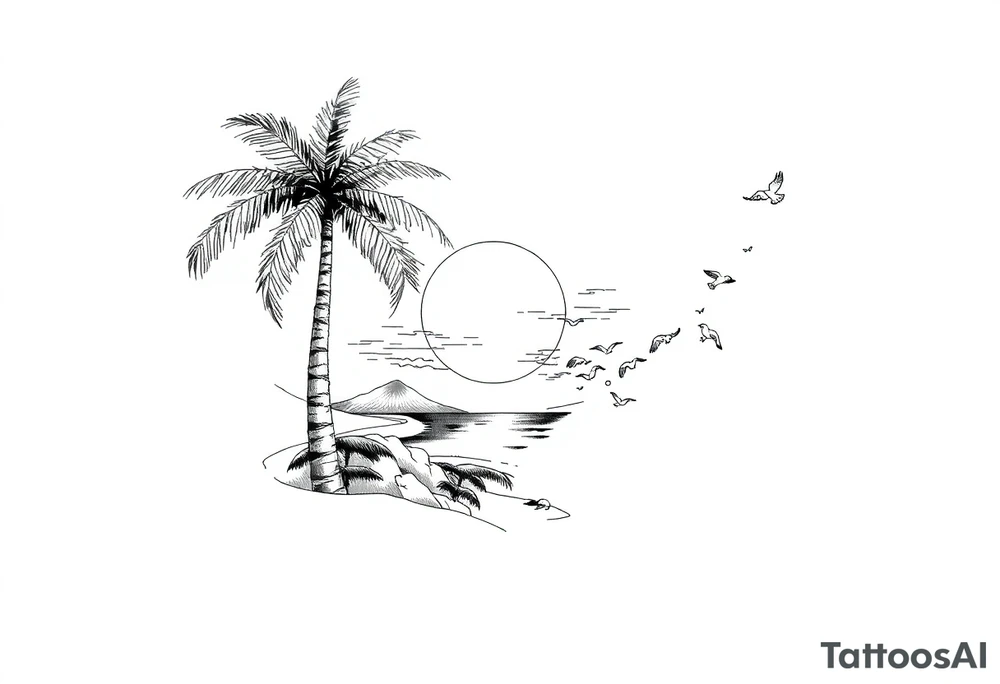 palm tree, sun, beach, birds tattoo idea