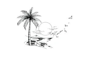 palm tree, sun, beach, birds tattoo idea