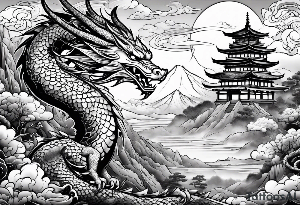 beautiful warrior fairy and a dragon and the background will be mountains, clouds, and a Japanese building tattoo idea