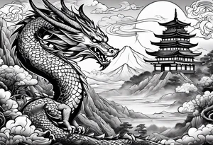 beautiful warrior fairy and a dragon and the background will be mountains, clouds, and a Japanese building tattoo idea