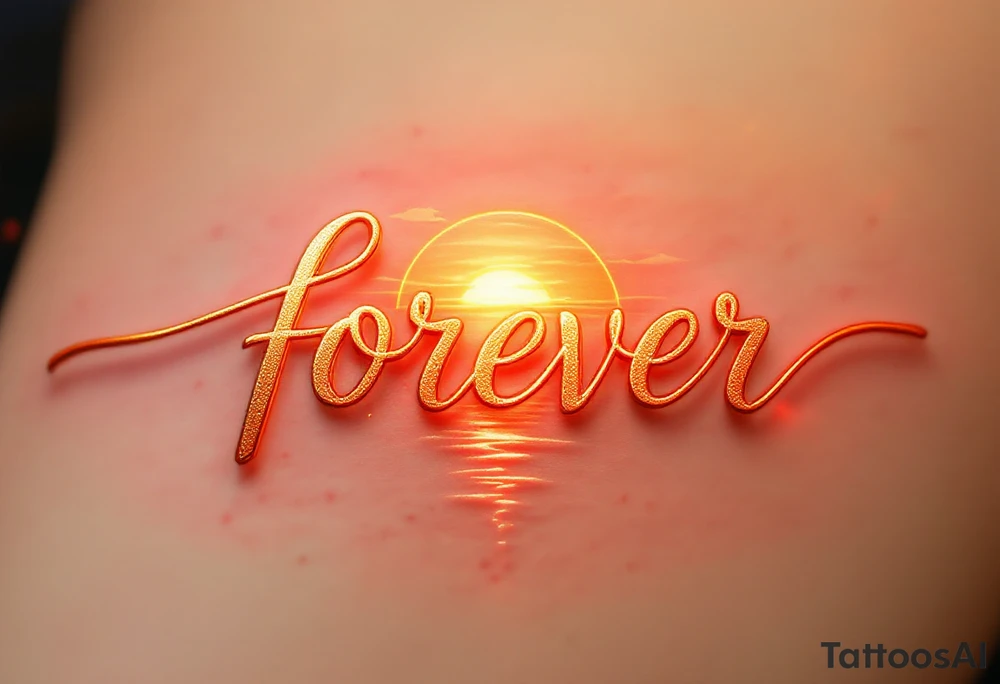 A glowing sunset behind the word "forever" in warm orange and gold gradient cursive. tattoo idea